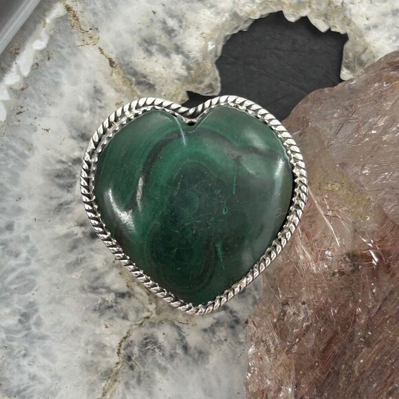 Sterling Silver Southwestern Style Malachite Heart Shape Ring Size 10 For Women - Picture 5 of 10